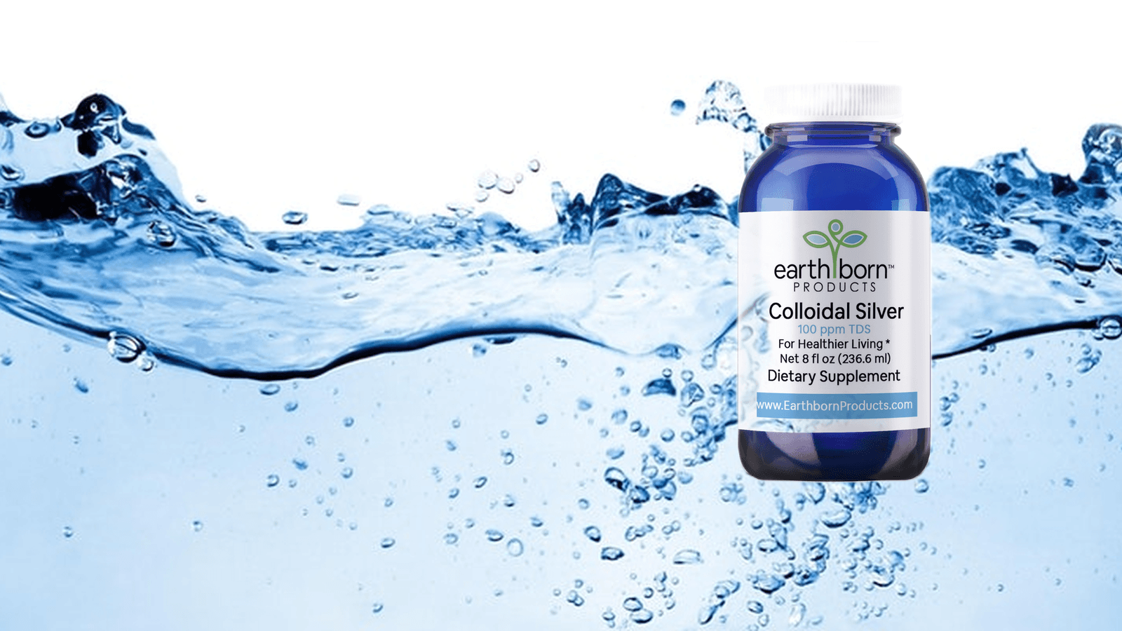 Earthborn Colloidal Silver bottle above clear blue water with rising bubbles